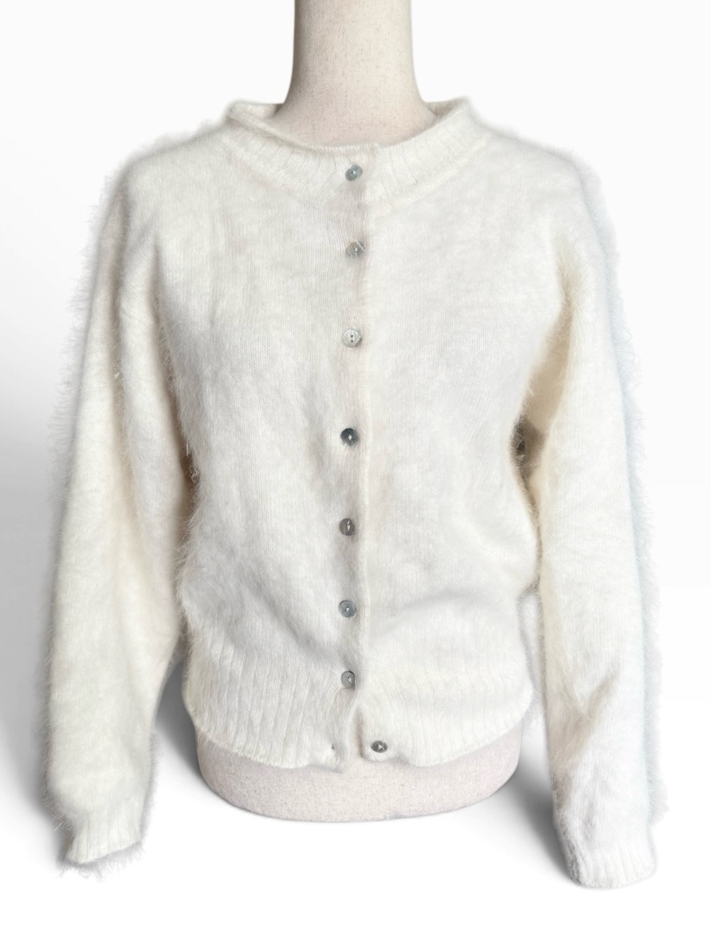 Vintage Express Tricot Fuzzy Angora Cream Button-Front Cardigan